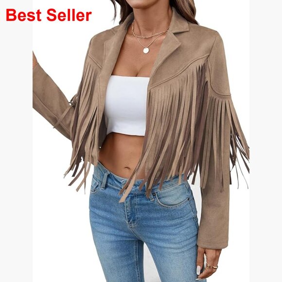 Faux Suede Leather Tassel Jacket With Fringe Cropped Western Style